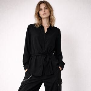 OAK NYC Waist tie button up Blouse Black Viscose Women's Small